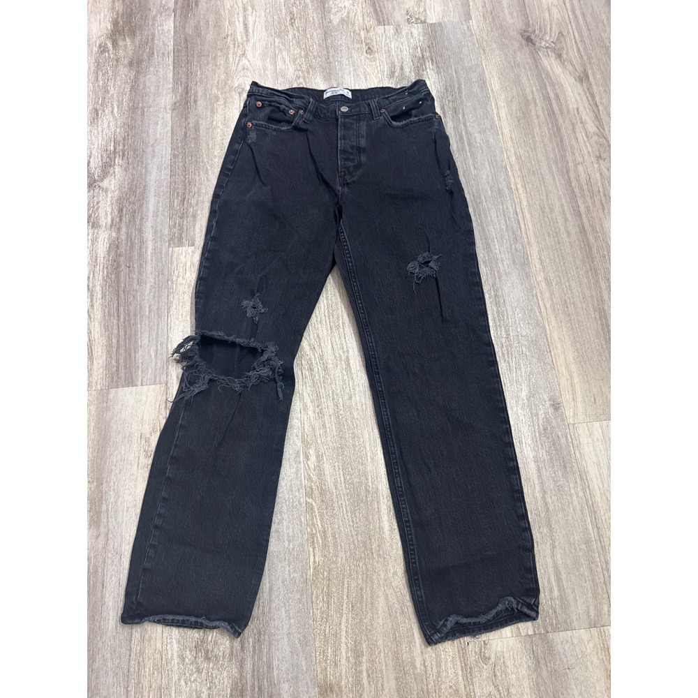 Abercrombie & Fitch The Dad High Rise Distressed Black Straight Leg Jeans 28/6R